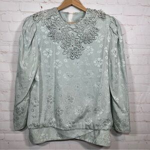 Vintage Rina diMontella Silk Blouse Womens 14 Sage Green Sequins Top 80s